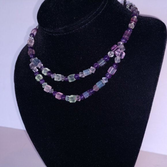 Handmade Beaded Statement Necklace with Fluorite and Amethyst Beads Purple Green - Picture 4 of 12